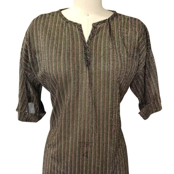 Vintage 70s Metallic Top Size M Black Stripe Disco Short Sleeve With It Shimmer - Picture 2 of 9